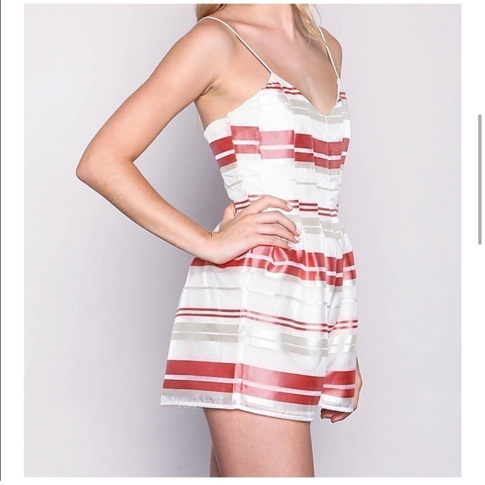 J.O.A. White Romper with Coral and Beige Stripes